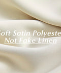 Close-up of soft satin polyester fabric with text overlay 'Soft Satin Polyester, Not Fake Linen' emphasizing material quality.