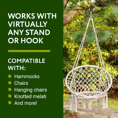 Beefed Up Heavy Duty Hammock Chair Swivel Hook With 500 Pound Capacity shown with white hanging chair outdoors