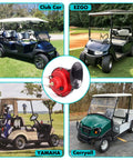 Universal 12 Volt Golf Cart Horn Kit With Hand Press Steering Switch And Wiring Harness Fits EZGO Club Car Yamaha And More Easy Install Durable Accessory For Safe Loud Horn Alerts shown with various golf cart models