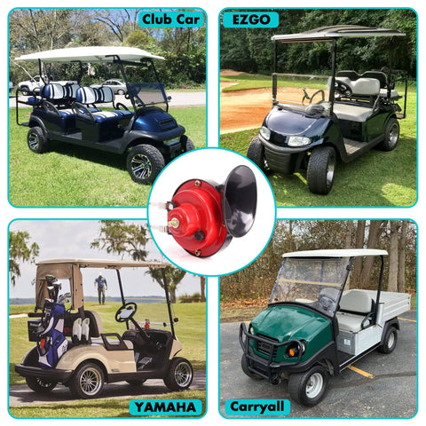 Universal 12 Volt Golf Cart Horn Kit With Hand Press Steering Switch And Wiring Harness Fits EZGO Club Car Yamaha And More Easy Install Durable Accessory For Safe Loud Horn Alerts shown with various golf cart models