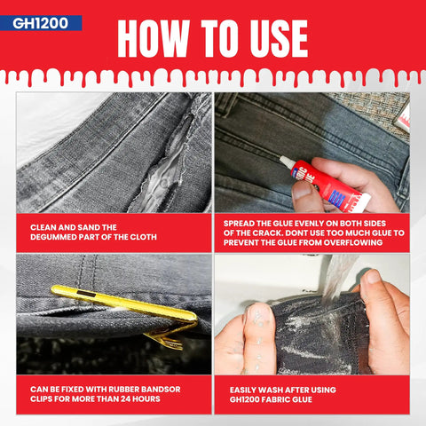 Steps to use Permanent Fabric Glue For Clothes And Crafts That Binds Strong, Flexible And Washable on denim repair.