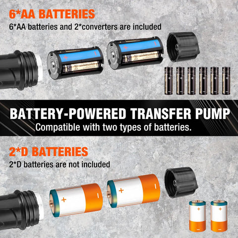 Battery Powered Fuel Transfer Pump 2.2 GPM Portable Gasoline Siphon Pump batteries included with battery converters and D battery holders