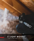 Transcend 1000 Lumen Rechargeable Headlamp lighting up a dusty attic with 5 Light Modes, NEBO branding visible.