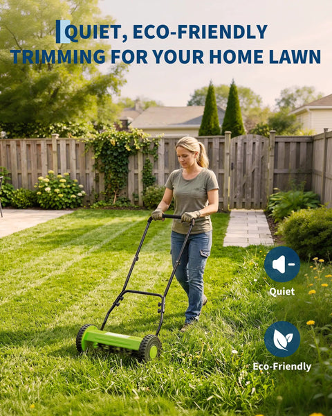 Push Reel Lawn Mower 16 Inch With 5 Blade Reel For Clean Scissor Like Cuts No Fuss Adjustable Cutting Height Walk Behind Mower For Small Yards Compact Manual Grass Cutter Green Finish For Eco Friendly Yard Care used on a home lawn