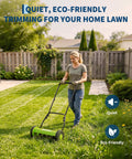 14 Inch Push Reel Lawn Mower With 5 Blade Reel For A Clean Scissor Like Cut Adjustable Cutting Height And Compact Walk Behind Mower Perfect For Small Yards And Easy Quiet Yard Work Great For Small Yards Easy To Push With No Gas And Quiet Operation woman using green reel mower in backyard