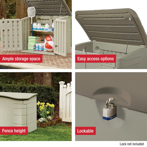 Huge Horizontal Resin Outdoor Storage Shed With Floor 5 By 4 Feet Weather Resistant Beige Brown securing pool toys and tools