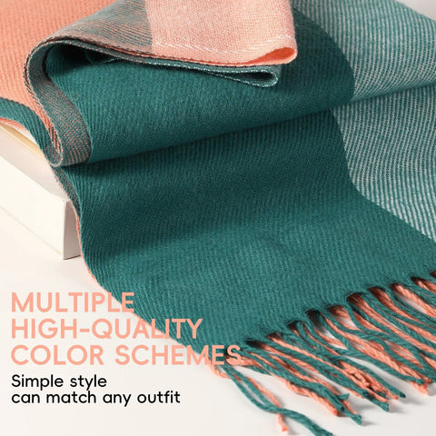 Cozy Mohair Style Winter Scarf For Women And Men Large Chunky Cashmere Feel Shawl Wrap 82.7 by 13.8 Inches With Tassels Oversized Multi Color Pink Green White Versatile Scarf Or Wrap For Cold Weather folded showing tassels and color scheme.