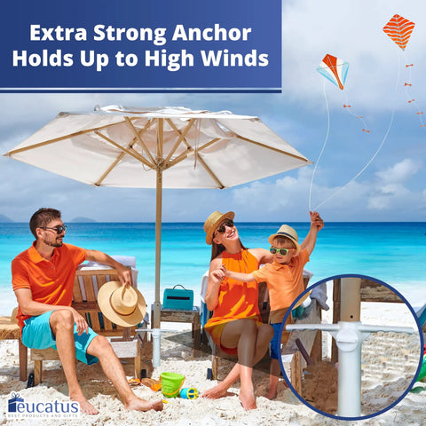 Family enjoying beach with Easy Install Sand Umbrella Anchor 2 Pack For Beach Day Must Haves Windproof Up To 1.6 Inch Poles
