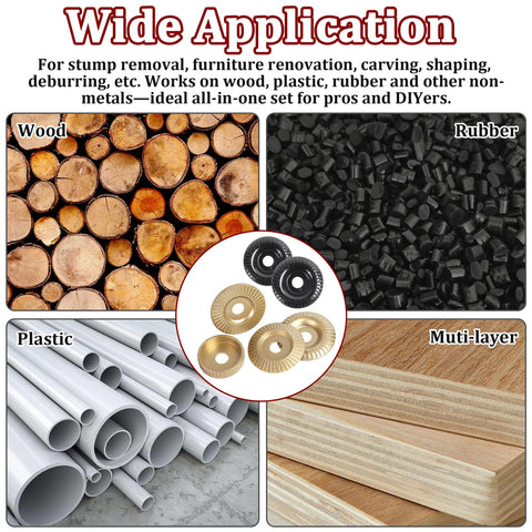 19 Piece Wood Carving Disc Set For Four And Four Point Five Inch Angle Grinders With Seven Eighths Inch To Five Eighths Inch Arbor Adapters