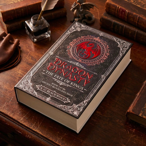 Gothic Fantasy Book Safe With Real Pages And Combo Lock Box on a desk, with crimson dragon crest and leather accessories.
