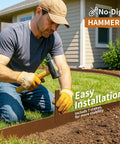 Man installing Heavy Duty Galvanized Steel Landscape Edging Kit 20 Ft Total Length 6 Pack 6.5 Inch Tall and 40 Inch Long Edging With 7 Stakes Bronze Powder Coated Easy Hammer In Lawn Border For Yard Pathways And Garden Beds with hammer on lawn.