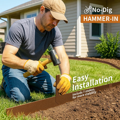 Man installing Heavy Duty Galvanized Steel Landscape Edging Kit 20 Ft Total Length 6 Pack 6.5 Inch Tall and 40 Inch Long Edging With 7 Stakes Bronze Powder Coated Easy Hammer In Lawn Border For Yard Pathways And Garden Beds with hammer on lawn.