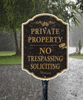 Top Shelf Rust Free Aluminum Private Property Signs With Heavy Duty 36 Inch Stakes For Legit No Trespassing And No Soliciting Video Surveillance Warning Slick Yard Protection Two Pack in the rain.