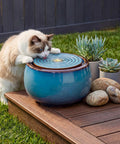 9 Inch Outdoor Ceramic Water Fountain With LED Light Round Bubbler Water Feature Eastern Style Waterfall Blue Garden Decor
