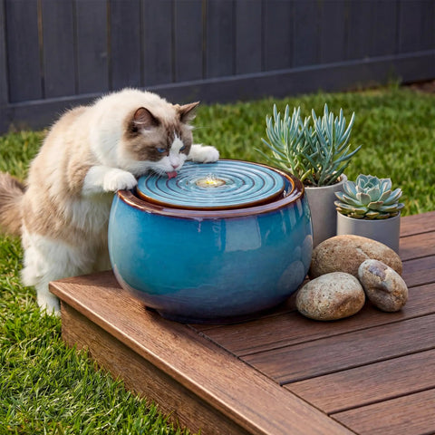 9 Inch Outdoor Ceramic Water Fountain With LED Light Round Bubbler Water Feature Eastern Style Waterfall Blue Garden Decor