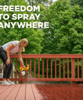 Person using Home Decor HVLP Paint Sprayer For Furniture And Crafts on outdoor deck, showcasing spray flexibility.