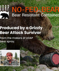 Bear-Resistant Food Canister For Backpacking And Camping In Bear Country IGBC Approved Bear-Proof Container with grizzly nearby.