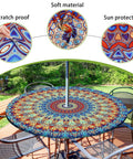 Round Outdoor Tablecloth With Umbrella Hole Waterproof Oilproof Fitted Elastic Zippered Cover For Patio Garden Picnic Camping Blue 48 Inches Round Table Protector That Stays Put No Fuss installed on patio table showing scratch proof and sun protection features