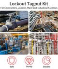 Industrial settings for Pro Grade 73 Piece OSHA Compliant Lockout Tagout Kit, showing factories and machinery safety applications.