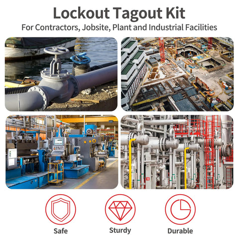 Industrial settings for Pro Grade 73 Piece OSHA Compliant Lockout Tagout Kit, showing factories and machinery safety applications.