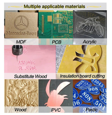 Various materials engraved by 3 Axis Desktop CNC Router Kit 3018 With GRBL Control for wood, plastic, PCB, and DIY projects.