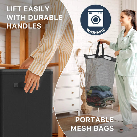 Person holding black foldable laundry hamper basket with lid and removable bag, showing durable lightweight polypropylene material.