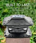 Game Changing Solar Post Cap Lights That Fit Four By Four Five By Five Six By Six Wooden Posts Include Bases For Easy Setup Super Bright Leds Give You Warm White Glow All Night Long Perfect For Deck Fence Garden Patio In Cool Slate Black Twelve Pack shown on wet post.