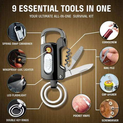 9 In 1 Multitool Keychain With Windproof Plasma Lighter showing tools: spring snap carabiner, corkscrew, nail file, more