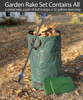 Adjustable Leaf Rake With 32 Gallon Yard Waste Bag And Leaf Scoops with metal rake and green yard bag on lawn