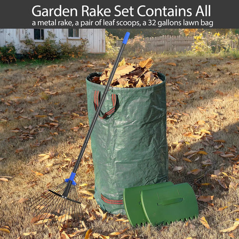 Adjustable Leaf Rake With 32 Gallon Yard Waste Bag And Leaf Scoops with metal rake and green yard bag on lawn
