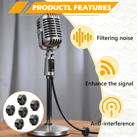 Six Pack 15mm Clip On Ferrite Ring Cores For RFI EMI Noise Suppression On Power USB HDMI And Audio Video Cables Easy Snap On Installation Black shown beside a microphone
