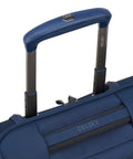 Close-up of navy blue Lightweight Underseat Carry-On Luggage With 2 Wheels featuring handle and durable polyester material.