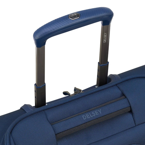 Close-up of navy blue Lightweight Underseat Carry-On Luggage With 2 Wheels featuring handle and durable polyester material.