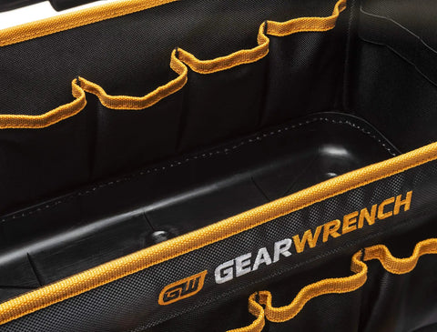 Inner view of 16 Inch Handled Tool Tote Bag With Reinforced Bottom And Water Resistant Construction showing tool storage pockets.