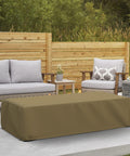 Brown Rectangular Fire Pit Cover With Elastic Hem on patio, 160 GSM Duro Pro Breathable Nonwoven Fabric, 38x28x17 inches