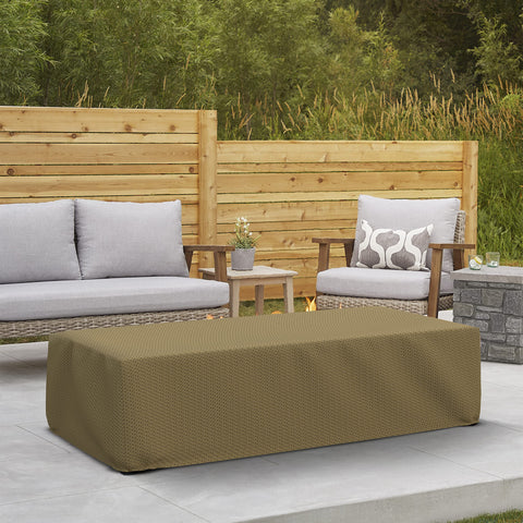 Brown Rectangular Fire Pit Cover With Elastic Hem on patio, 160 GSM Duro Pro Breathable Nonwoven Fabric, 38x28x17 inches