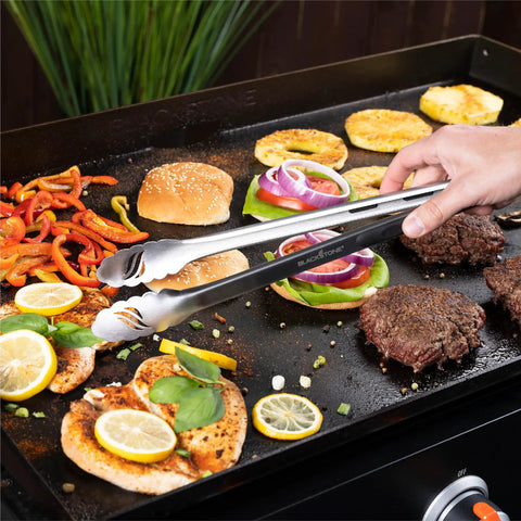 Griddle Tool Kit For Outdoor And Indoor Grillin Grilling Heat Resistant Stainless Steel BBQ Utensils Including tongs in use