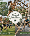 Collage of people using natural jute rope 1.5 inch thick for climbing, tug of war, and battle rope workout outdoors.