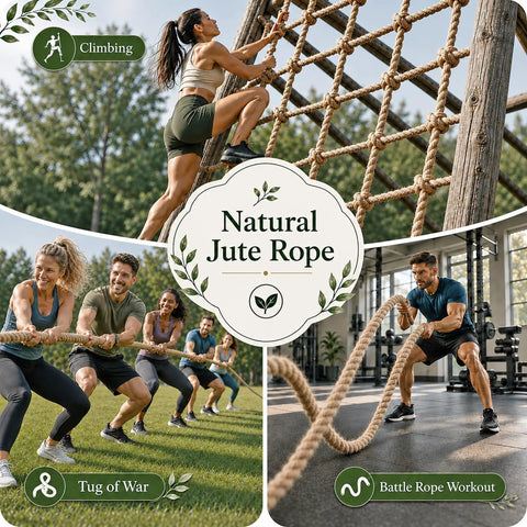 Collage of people using natural jute rope 1.5 inch thick for climbing, tug of war, and battle rope workout outdoors.