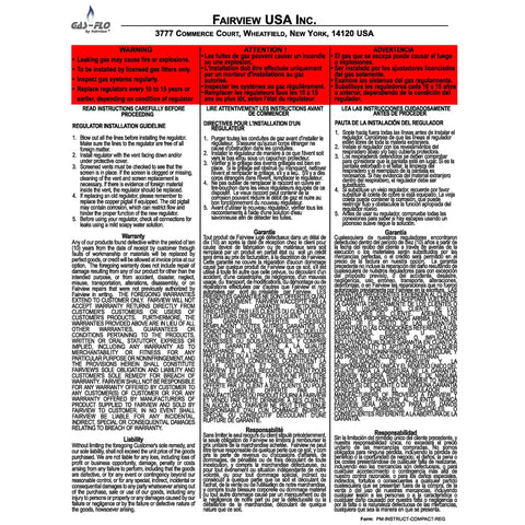 Fairview GR-968C compact two-stage propane regulator label with bilingual instructions and warnings.