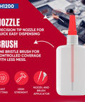 2 In 1 Brush On Super Glue With Nozzle, Mess Free, Never Dries Out, 3000 CPS CA Glue, Clear And Stain Free, Instant Bond For Plastic, Rubber And More, Easy Grab, Quick Set, No Mess Application bottle showing nozzle and brush features