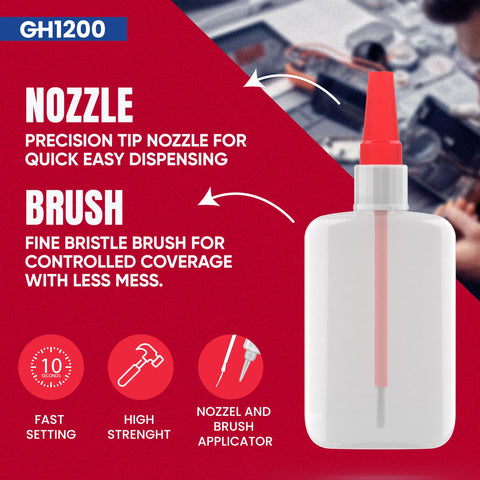 2 In 1 Brush On Super Glue With Nozzle, Mess Free, Never Dries Out, 3000 CPS CA Glue, Clear And Stain Free, Instant Bond For Plastic, Rubber And More, Easy Grab, Quick Set, No Mess Application bottle showing nozzle and brush features