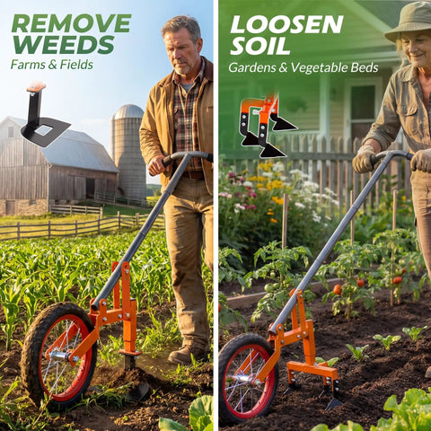 2 In 1 Manual Wheel Hoe Garden Cultivator With Adjustable Long Handle 51.9 To 64.9 Inches in use by farmers for weeding and soil loosening