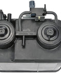 Top view of vapor canister direct replacement for Toyota emissions system, black plastic, OEM evaporative design, dual cylinders