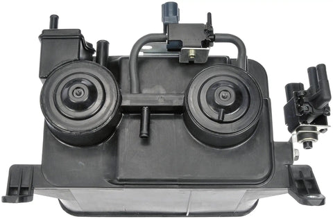 Top view of vapor canister direct replacement for Toyota emissions system, black plastic, OEM evaporative design, dual cylinders