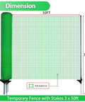 Easy Set Temporary Fence Kit With 3 Foot High 50 Foot Plastic Mesh, Fiberglass Step In Posts shown in green with dimensions