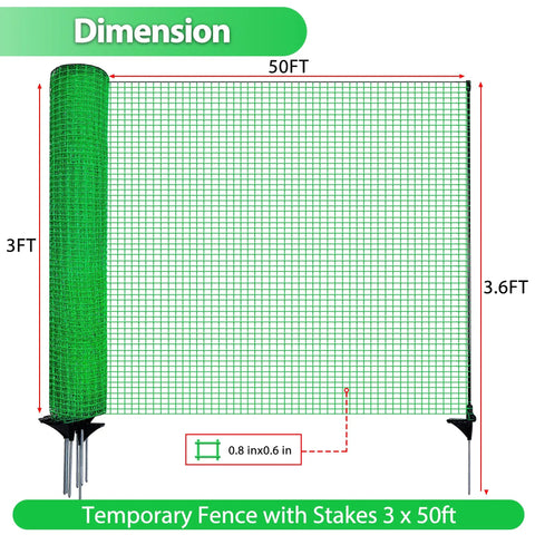 Easy Set Temporary Fence Kit With 3 Foot High 50 Foot Plastic Mesh, Fiberglass Step In Posts shown in green with dimensions