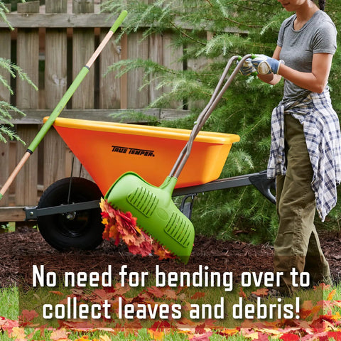 Person using Leaf Grabber Rake With Long Handle And Cushioned Grip For Leaves Lawn Clippings Twigs And Yard Waste beside wheelbarrow