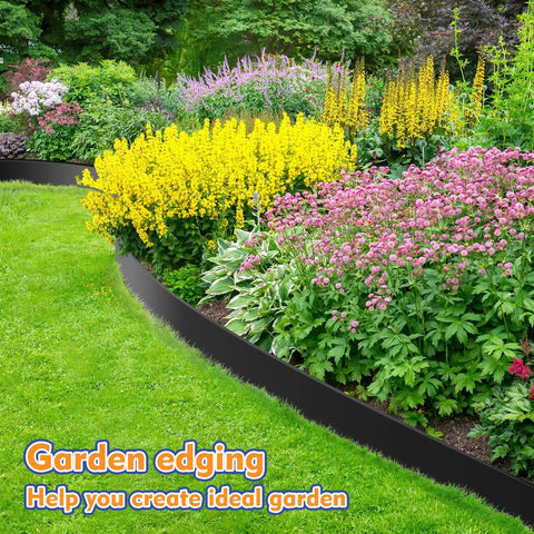 4In By 33Ft Landscape Edging Kit With 40 Metal Stakes, Flexible Plastic Garden Border in use around colorful flower bed