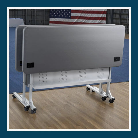 Pro Grade Nesting Flip Top Training Table with Blow Molded 1.75 Inch Thick Surface, Steel Frame, Charcoal Slate Top Folded View